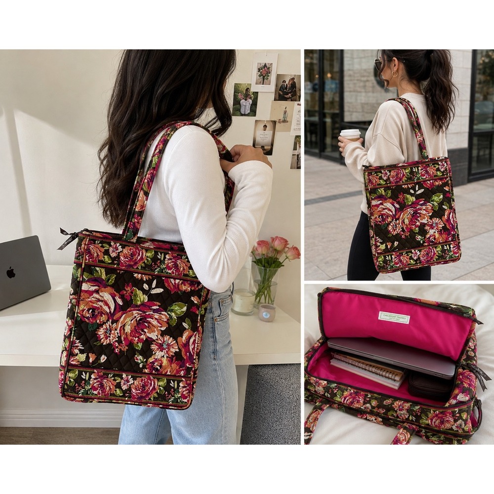 Vera Bradley Provencal Quilted Laptop Tote Bag Floral Brown Pink Checkpoint Case
